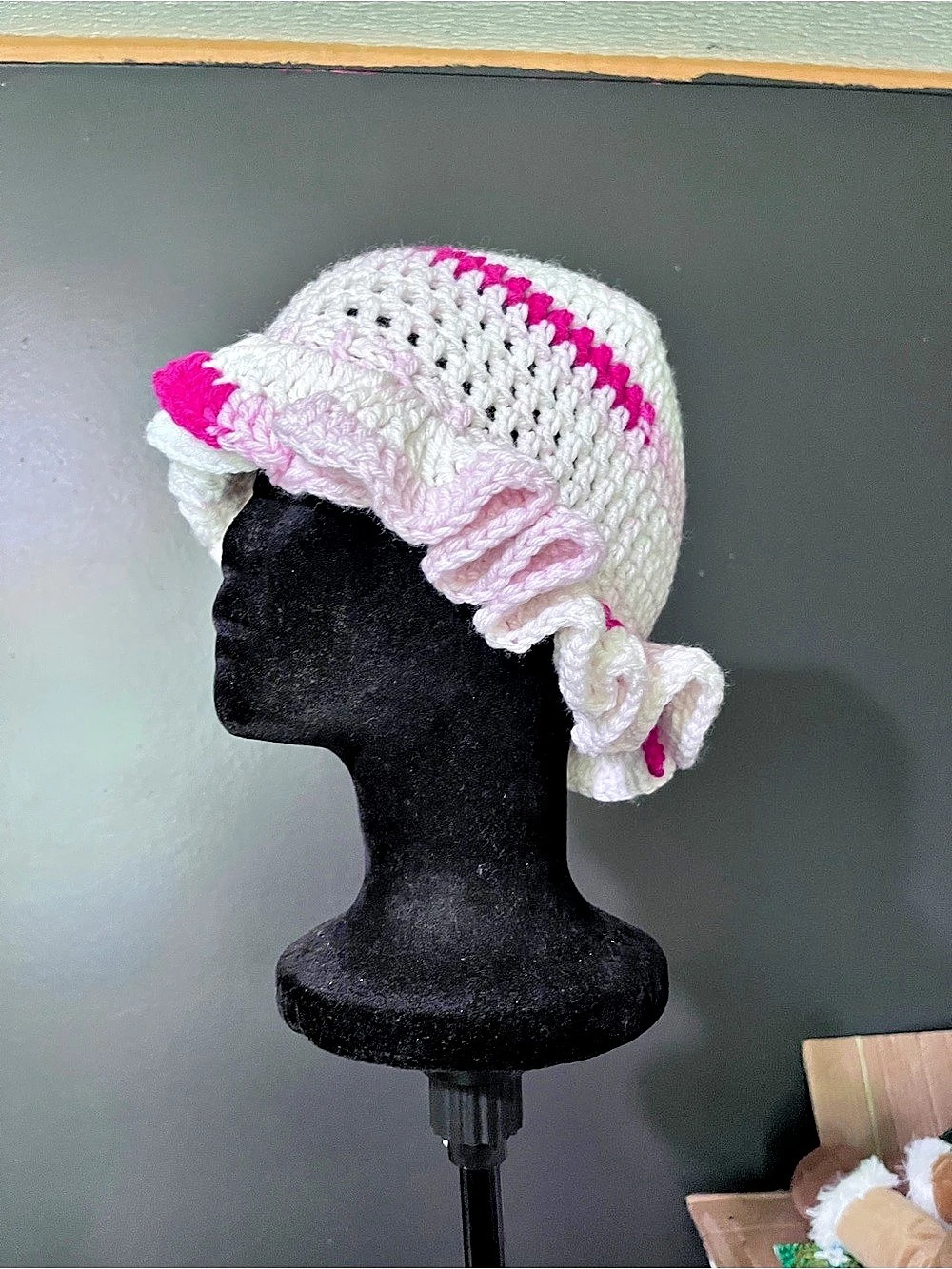 White & Pink Crochet Ruffle Hat